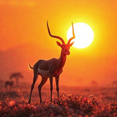 The primary subject of the image is a large, horned animal, possibly a gazelle or a deer, standing in a field during sunset. The sun is setting behind the animal, casting a warm glow on the scene. The setting includes a grassy field with a few trees in the background. The visual style of the image is a photo, capturing the natural beauty of the animal and its surroundings. The colors and mood of the image are warm and serene, with the sunset creating a peaceful atmosphere